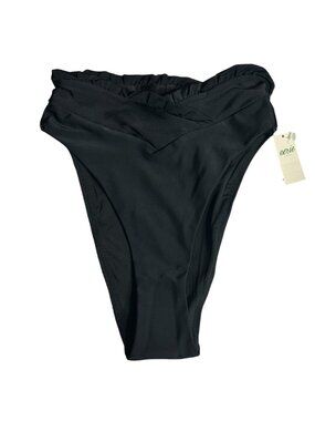 AERIE High Waist High Cut Cheeky Bikini Bottoms Sz XS True Black Ruffle Trimmed